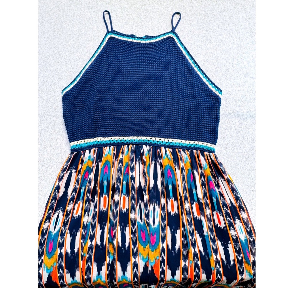 Xhilaration Maxi Dress Womens XXL Navy Blue Crochet Bodice Ikat Print Boho Flowy
